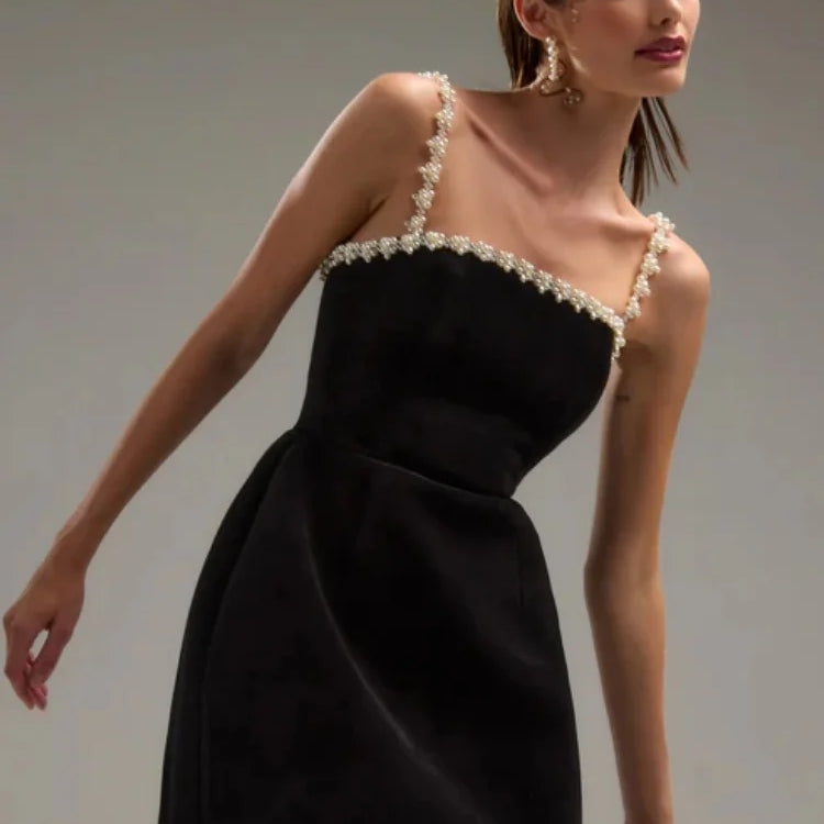 Black Color Women Sexy Strap Square Collar Beading Straight Mini Bandage Dress Elegant Evening Party Red Carpet Outfit