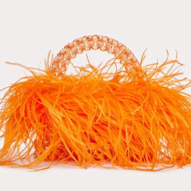 Pearl Bead Bag With Ostrich Feather Fur Designer Brand Clear Acrylic Crystal Stone Box Tote Handbag Women Handmade Party Purse orange