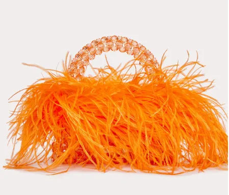 Pearl Bead Bag With Ostrich Feather Fur Designer Brand Clear Acrylic Crystal Stone Box Tote Handbag Women Handmade Party Purse orange