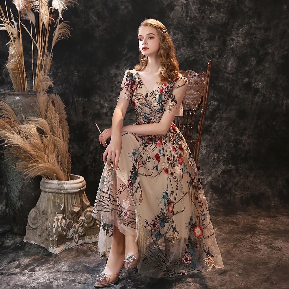 Floral Fancy Tea Length Evening Dresses with Short Sleeves Sexy V Neck Embroidery Flower Prom Gown