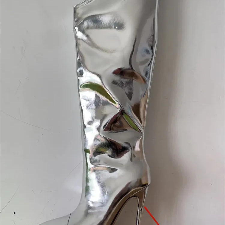 Thigh High Boots Candy Color Mirror Leather Women Knee High Boots High Heels Stilettos Runway Shoes for Women High Heel Boots 187silver10cm