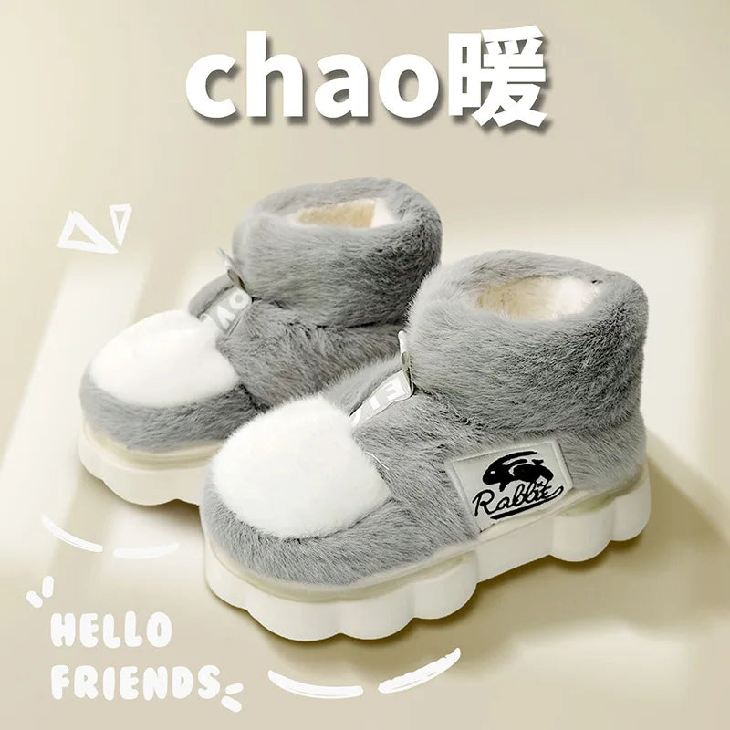 Women Warm Cotton Shoes Couples Winter Home Slippers Soft Plush Thick Sole Fluffy Footwear Female Male Indoor Street Snow Boots gray