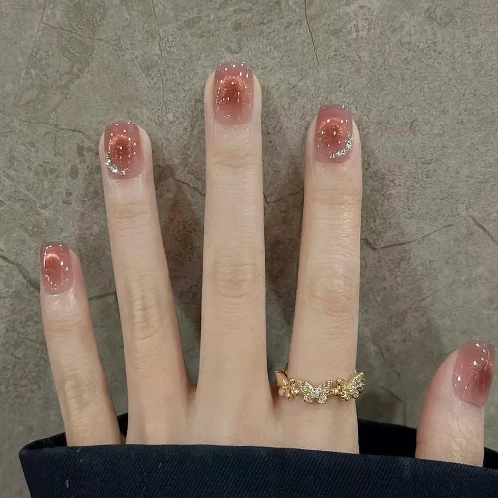 24Pcs  Gradient Color Fake Nail Simple Short Ballet Wearable False Nails with Cat Eye Design Press on Nails Full Cover Nail Tips