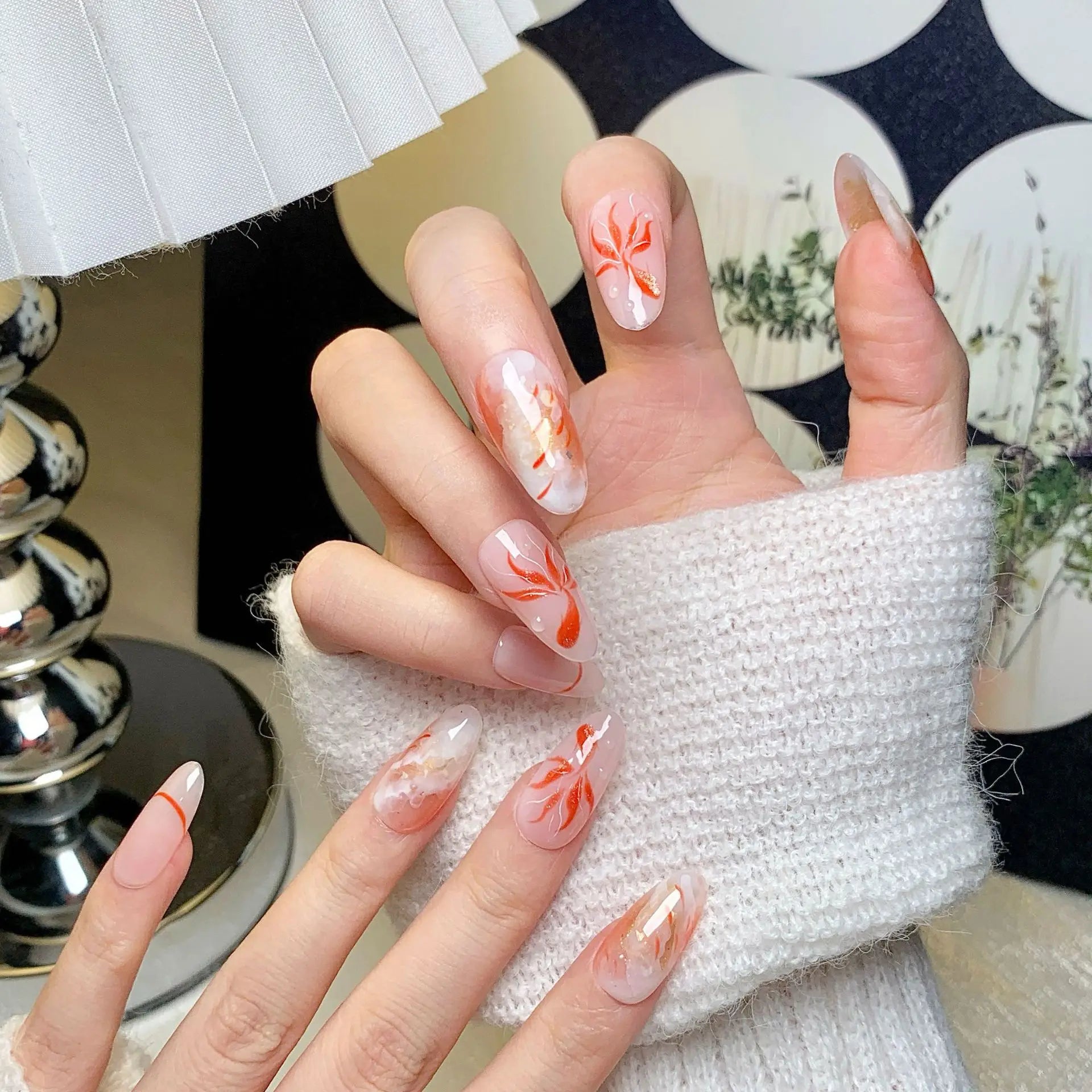 10pcs Red Handmade Fake Nails Tips Cherry Bow Design False Nails Sets Mid-length Oval Press on Nails Wearable French Manicure