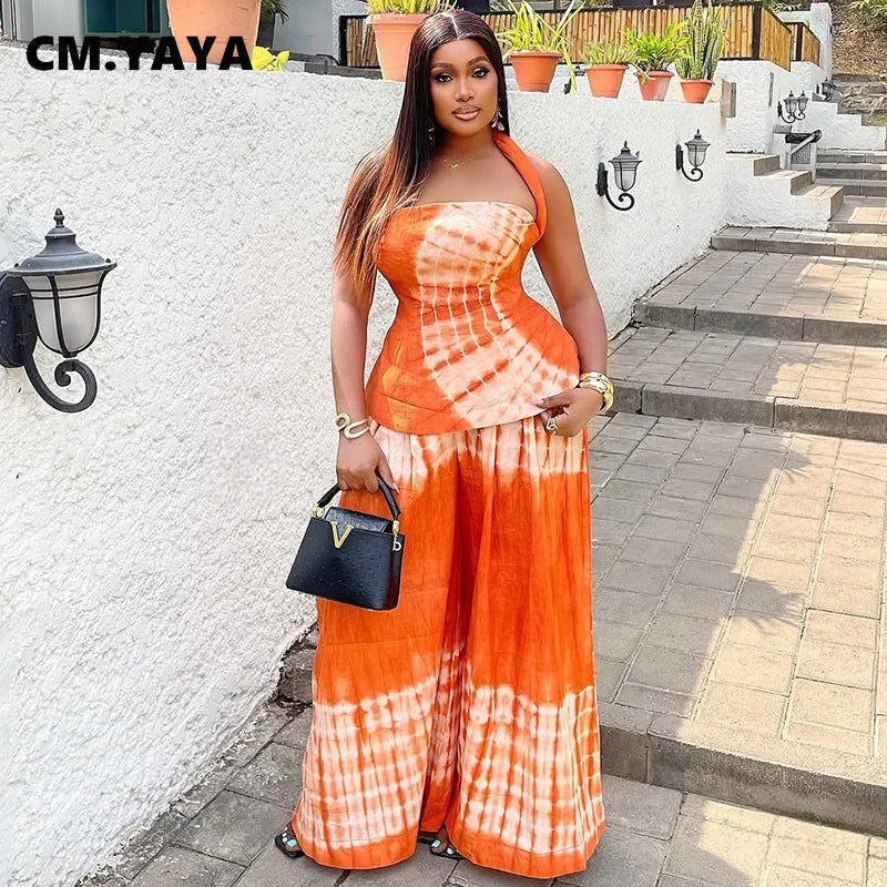 CM.YAYA Fashion Tie Dye Printed Women's Set Halter Neck Crop Top and Loose Wide Leg Pants 2025 Two 2 Piece Sets Outfit Tracksuit