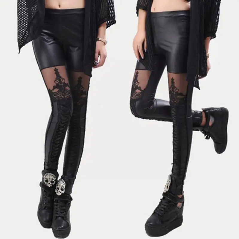 Stylish Sexy Women Faux Leather Gothic Punk Leggings Pants Skinny Lace Pants Imitation Pants Nine-point Leather Belt Trouse