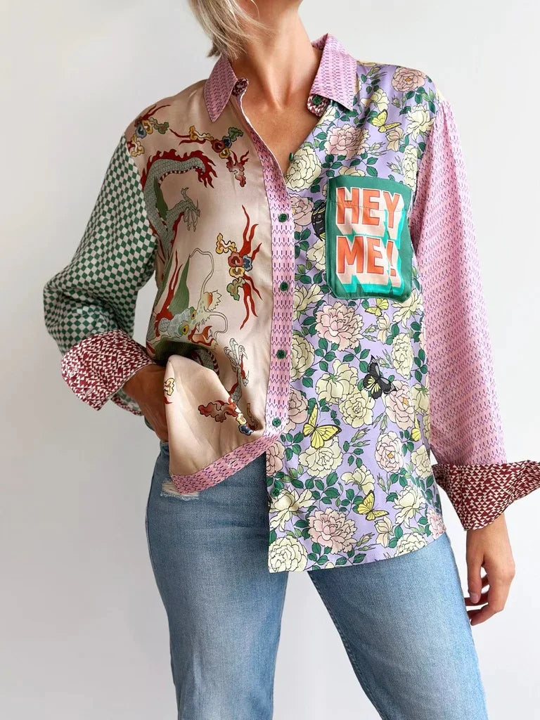 Fashion Graffiti Long Sleeve Turn-down Collar Blouse Vintage Print Graphic Shirt New Cardigan Casual Streetwear Clothing Print