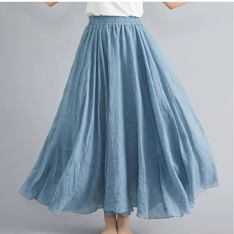 Fashion Cotton Linen Clothes Women Skirts Maxi Y2k Elegant Beach Saia Ropa Mujer Casual Vestido Boho Long Skirt Faldas Harajuku Niagara Blue