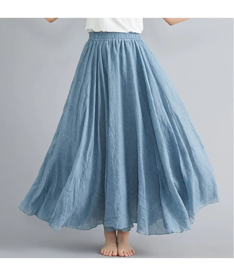 Fashion Cotton Linen Clothes Women Skirts Maxi Y2k Elegant Beach Saia Ropa Mujer Casual Vestido Boho Long Skirt Faldas Harajuku Niagara Blue