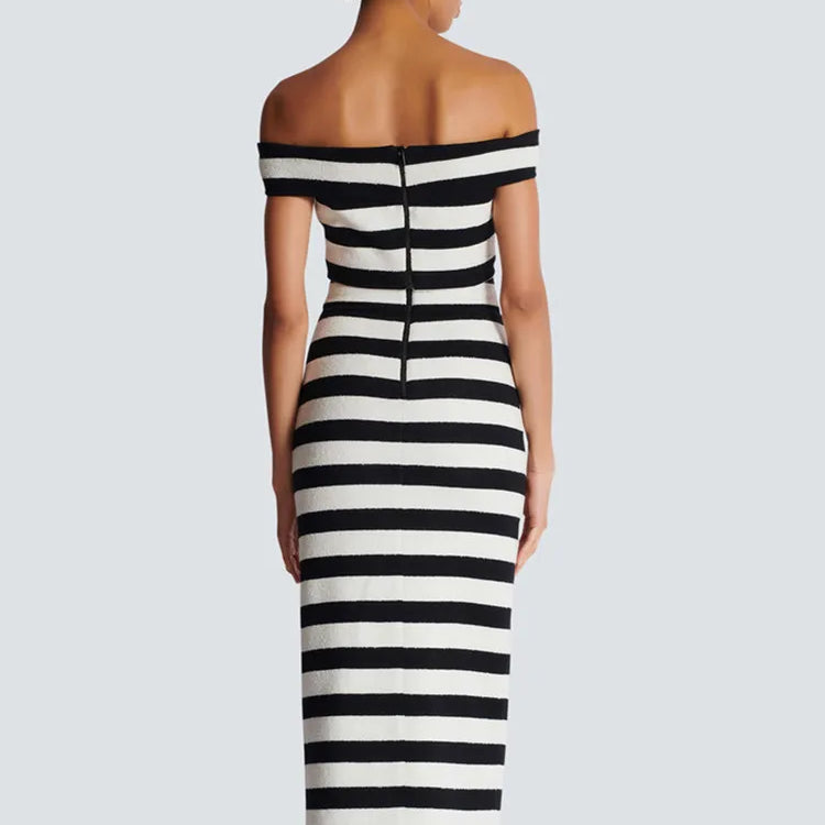 Women Celebrity Sexy Off Shoulder Striped Button Black White Bandage Skirt Set 2024 Knitted Elegant Evening Club Party Clothing