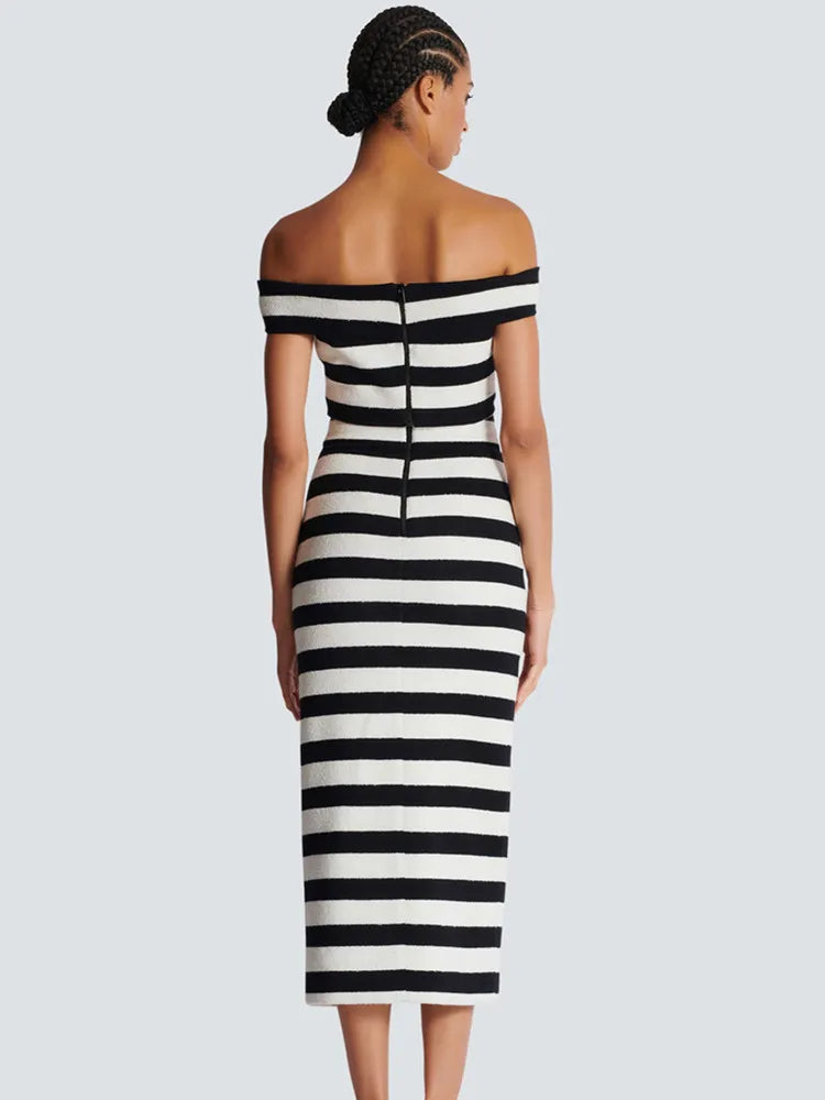 Women Celebrity Sexy Off Shoulder Striped Button Black White Bandage Skirt Set 2024 Knitted Elegant Evening Club Party Clothing