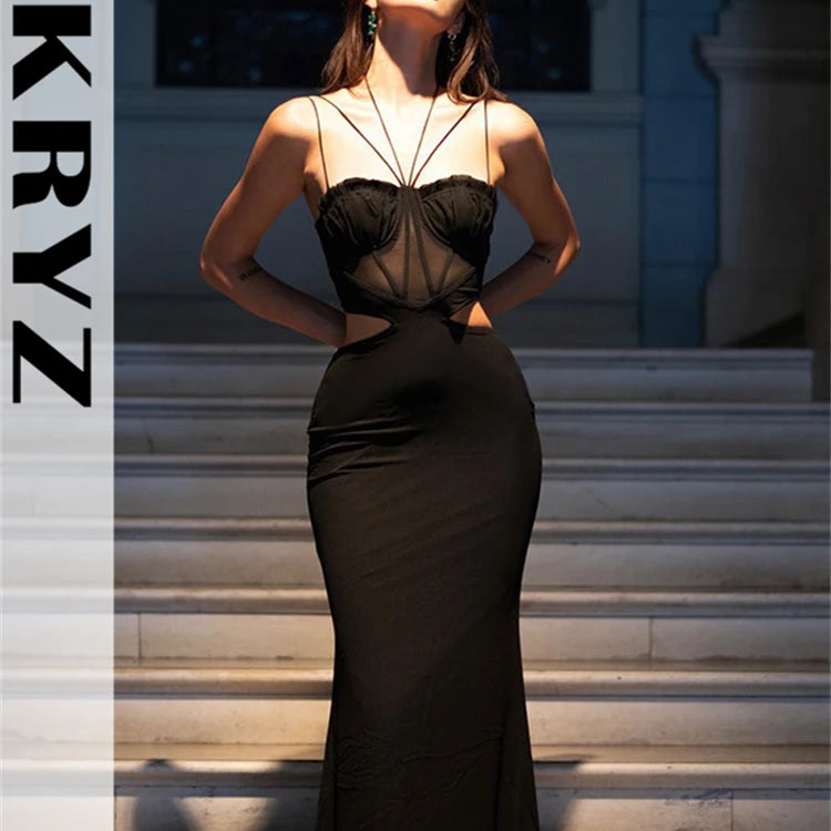 Ladies Autumn Sleeveless Backless Lace Up Halter Hollow Out Maxi Dress For Women New Fashion Evening Party Club Wear Y2K Clothes