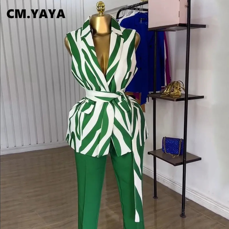 CM.YAYA Fashion Women's Set Sleeveless Notched Collar Blazer Tops and Pants Sets 2025 Summer OL Street Two 2 Piece Sets Outfits