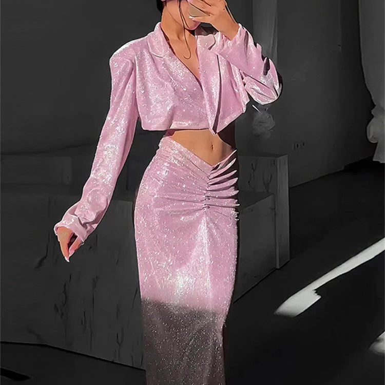 Ladies New Bling Glitter Slim Dress Set 2 Pieces Long Sleeve Pad Crop Top And Maxi Skirt Evening Party Night Club Women Outfits Pink