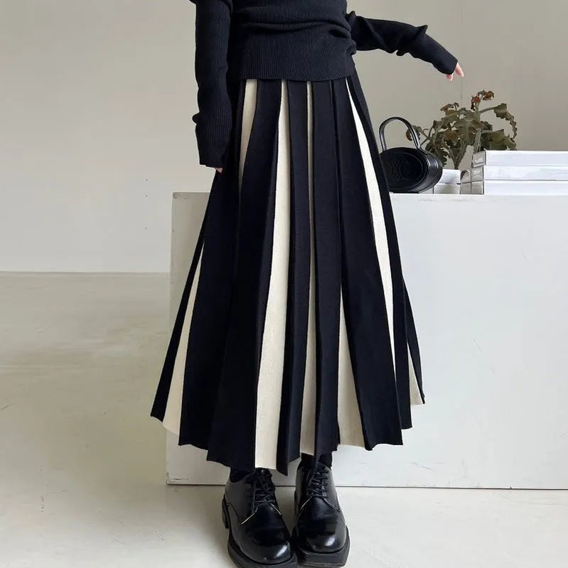 Fashion Patchwork Knitted Long Skirt Women Spring High Waist Pleated Skirt Woman Chic Striped Mixed Color Midi Skirts Mujer