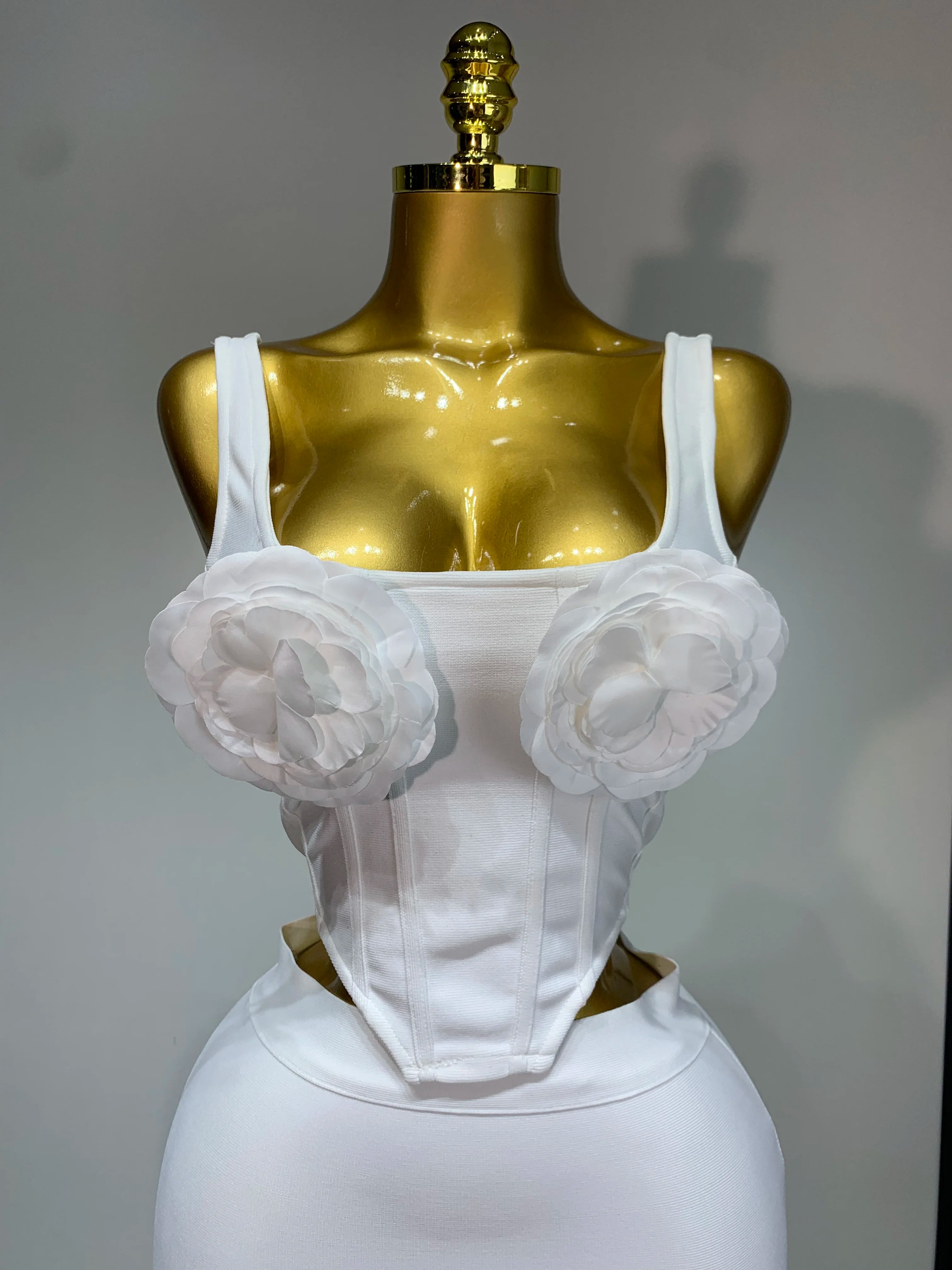 High Quality Women Sexy Square Collar Backless Flower Bandage Two Piece Set 2025 Knitted Elegant Evening Club Party Clothing