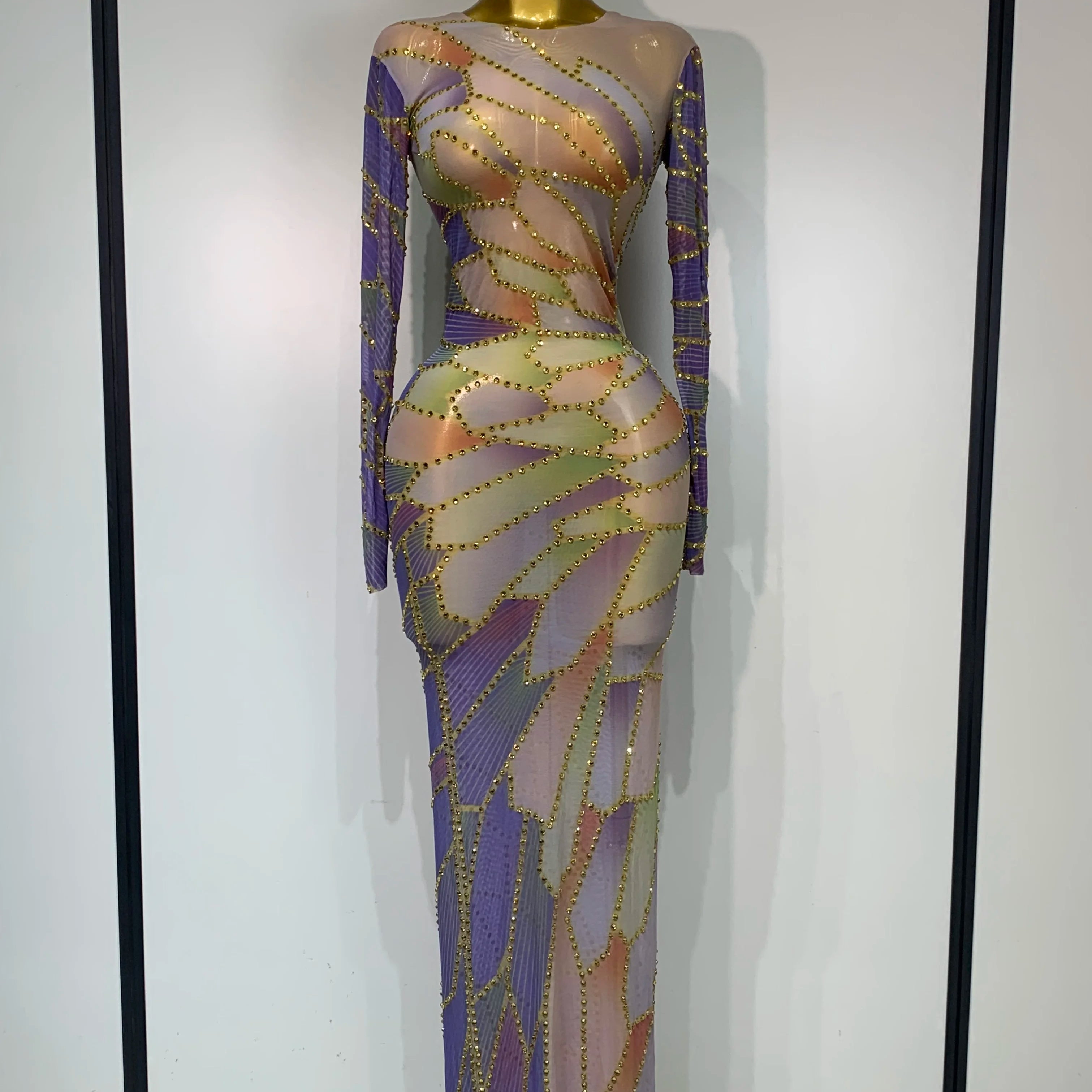 Sparkly Rhinestone Stretchy Mesh See Through Dress Women 2025 Performance Dancer Costume Luxury Birthday Nightclub Stage Outfit