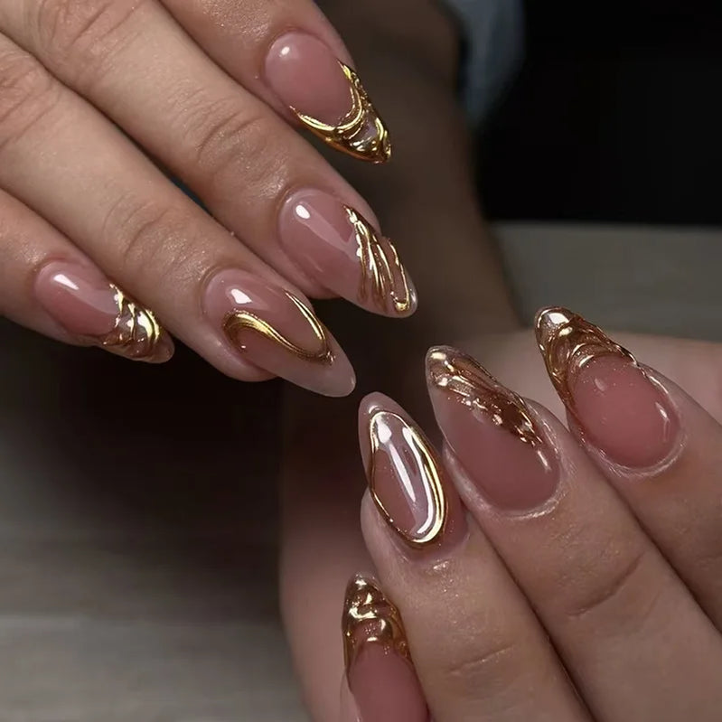 24Pcs Mid-length Almond False Nails Press on 3D Gold Irregular Design Fake Nail Simple Reusable Artificial Full Cover Nails Tips