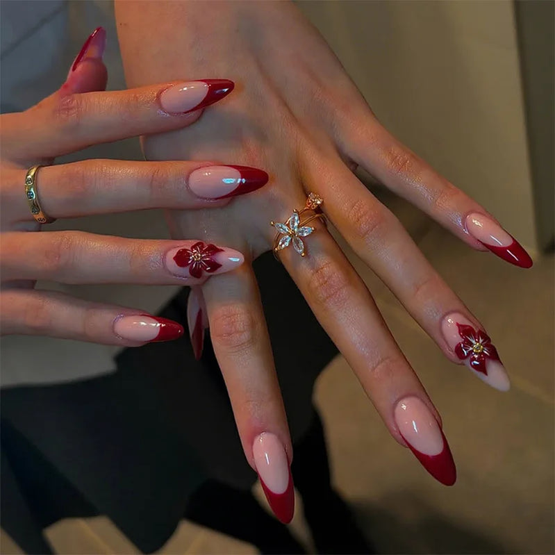 24Pcs Mid-length French Almond Press on Fake Nails with Red Flower Design False Nail Art Reusable Finished Full Cover Nails Tips