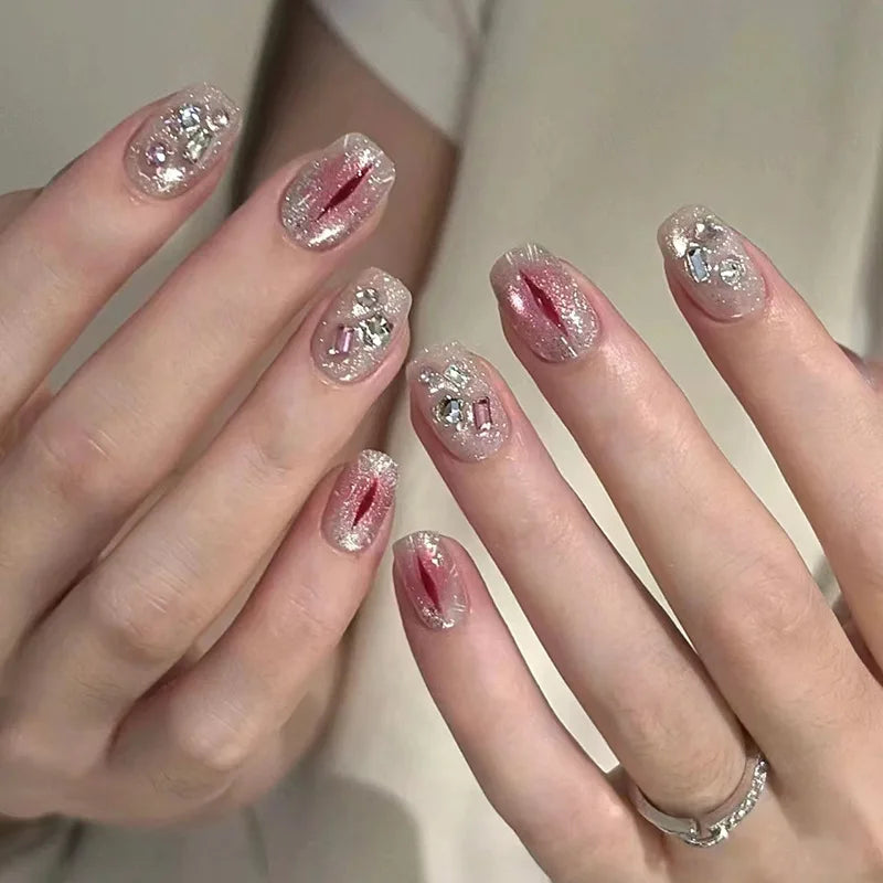 24Pcs Nude Pink French Fake Nail Ballet Full Cover Nail Tips with Rhinestone Leopard Print Design Wearable Press on False Nails