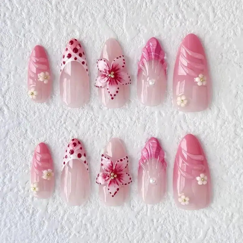 10Pcs Mid-length Almond with Polka Dot Flower False Nails White 3D Little Floral Decoration French Acrylic Nails Pink Manicure