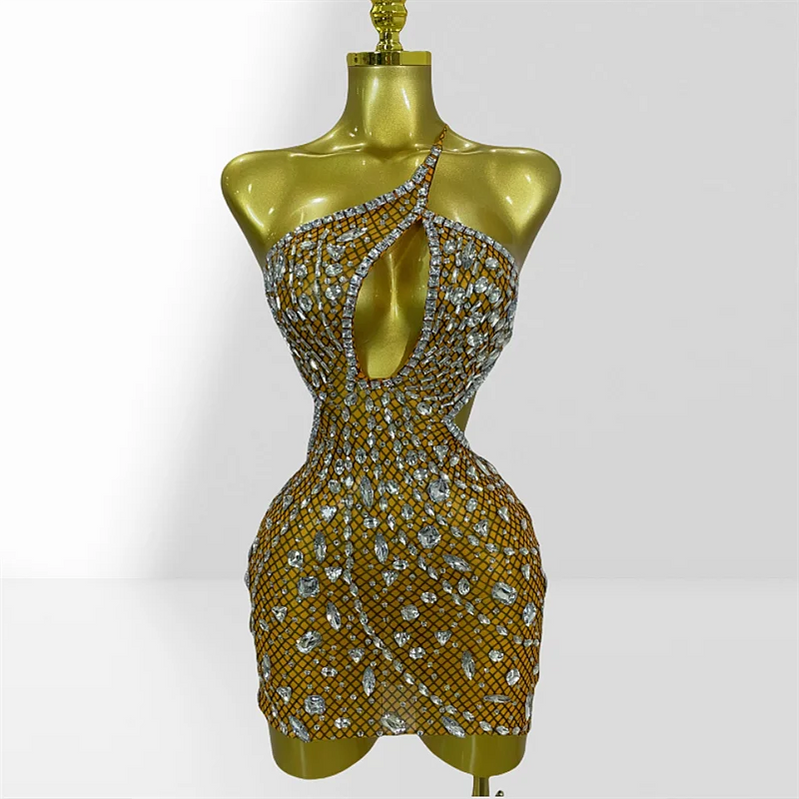 Sparkling Diamonds Sexy Hollow Out Blackless Mesh See Through Mini Dress Fashion Woman Evening Party Dress Birthday Party Outfit