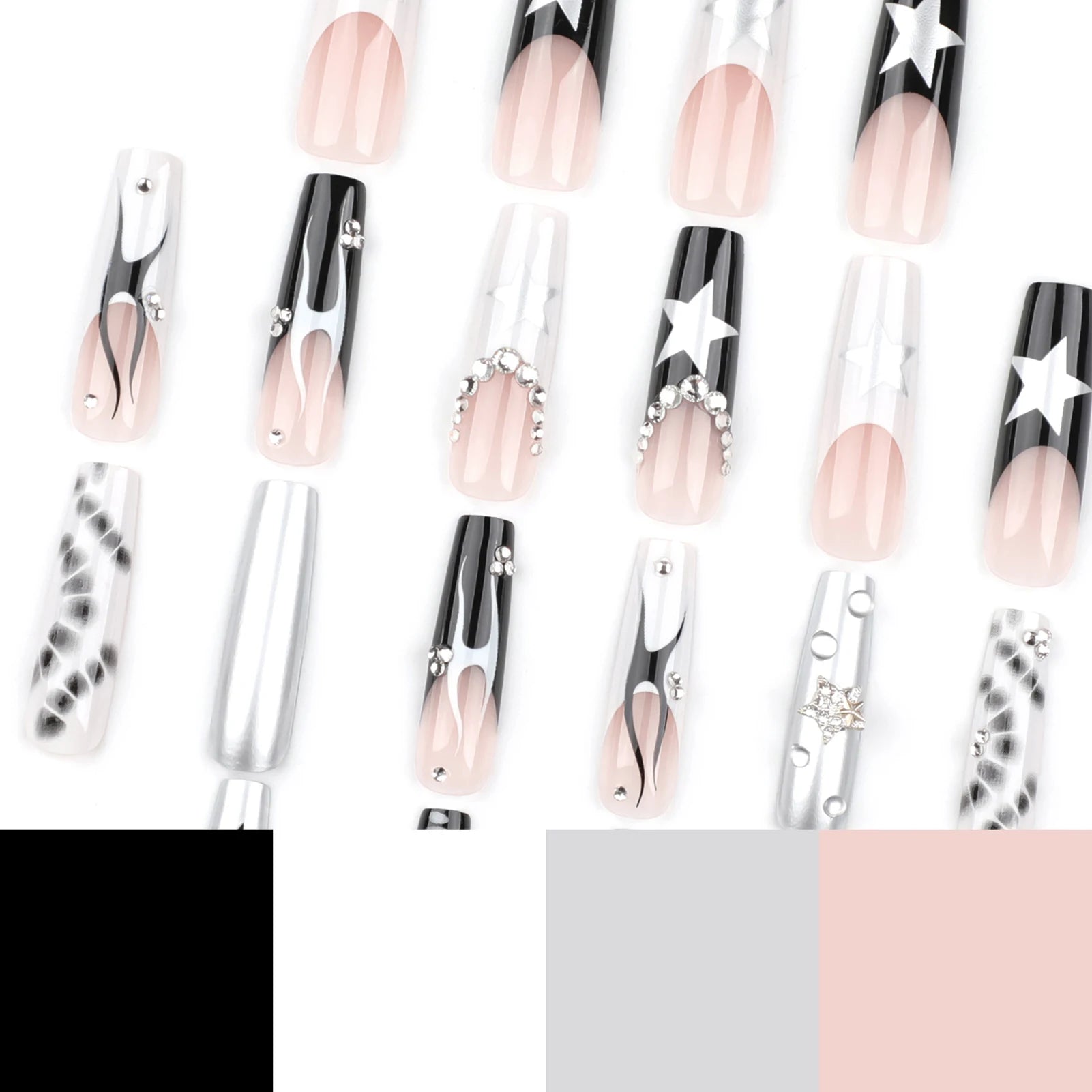 24pcs Long Coffin Gothic Press on Nails Sliver Star Flame Crocodile Print False Nail Wearable European Spicy Girl Fake Nails