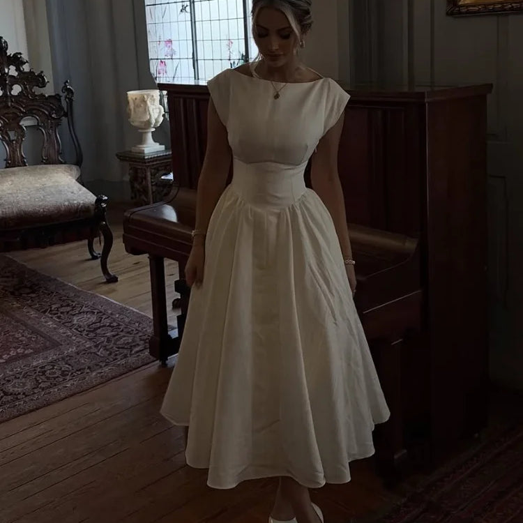 2025 Elegant White O Neck Pleated Hem Maxi Dress Women Fashion Open Back Solid A-line Dresses New Spring Summer Lady Party Robes