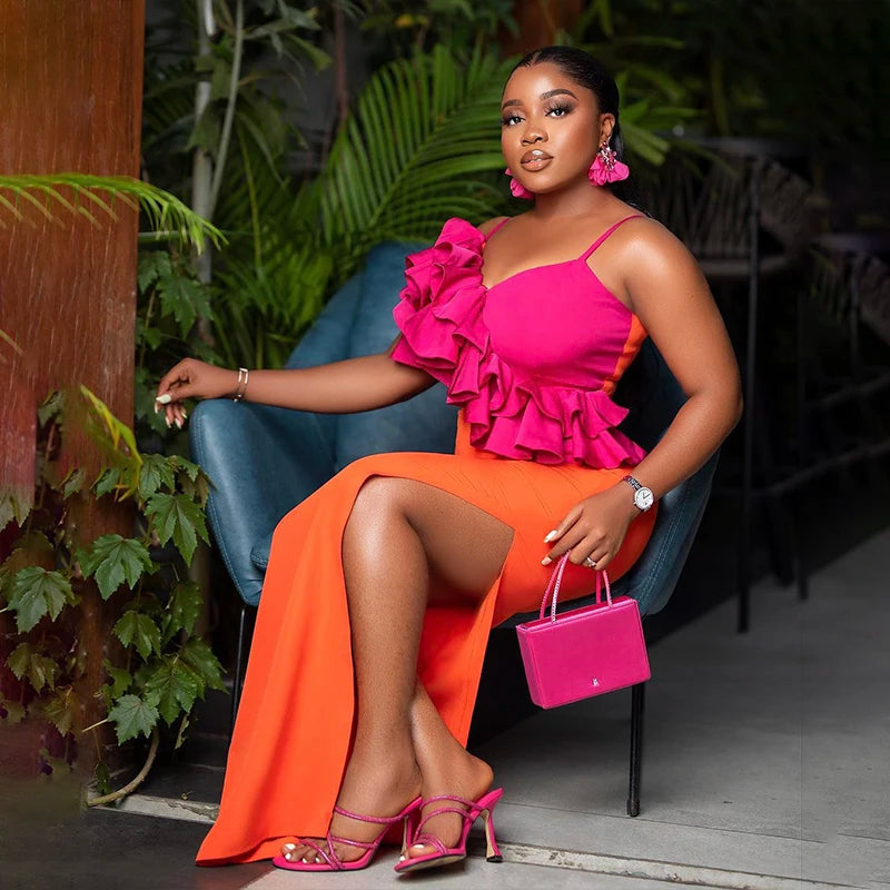 Fashion Orange Color Women Sleeveless Sexy V-Neck Ruffles Bodycon Mid-calf Bandage Dress Birthday Celebrate Party Dress