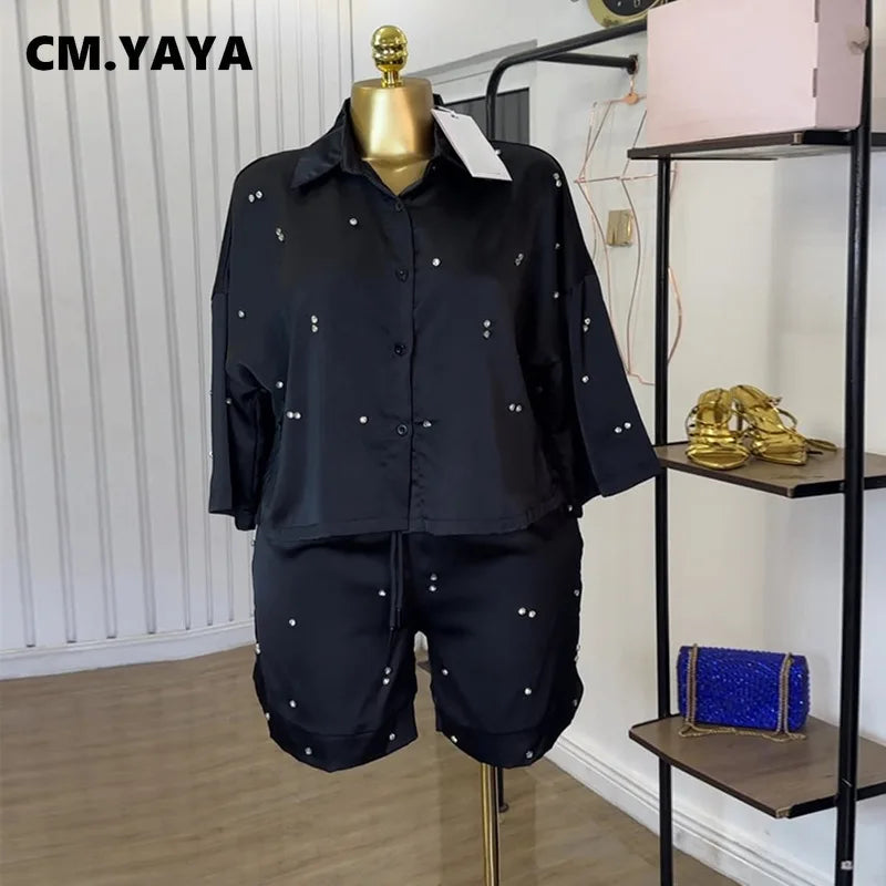 CM.YAYA Beading Women's Set Long Sleeve Shirt and Shorts Suit 2025 Summer OL Fashion Two 2 Piece Sets Outfit Tracksuit