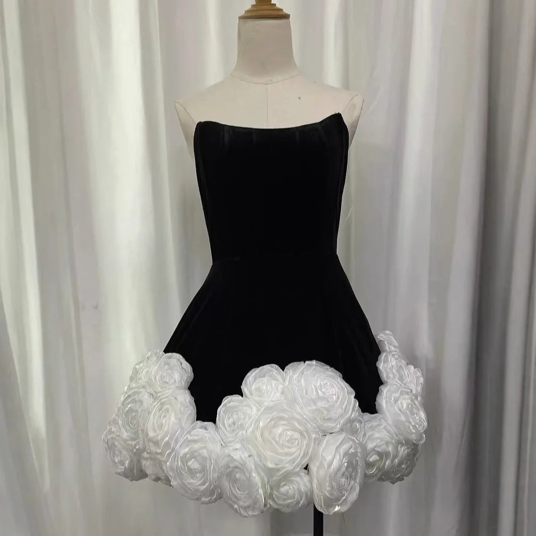 Vestido de baile de veludo sexy sem alças, preto e vermelho, minivestido fofo para festa de aniversário, encontro para meninas, sessão de fotos