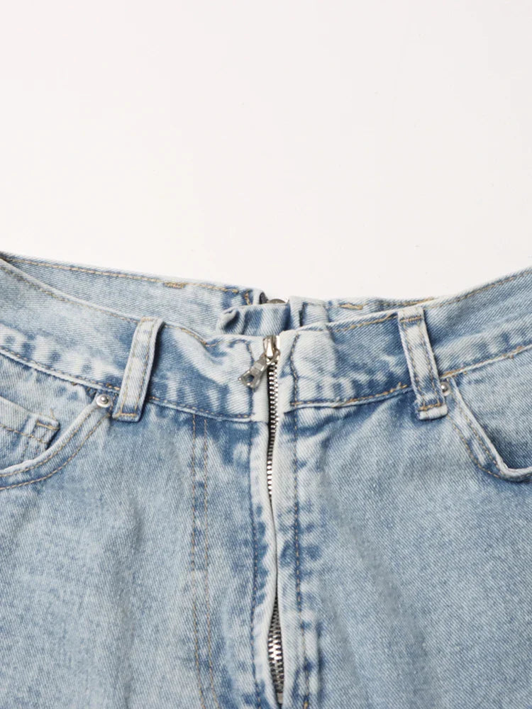 CHICEVER Minimalist Loose Denim Trouser For Women High Waist Patchwork Pockets Irregular Casual Solid Pant Female Summer Clothes