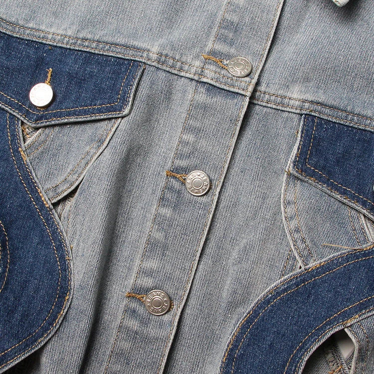 Colorblock Hollow Out Casual Denim Waistcoats For Women Lapel Sleeveless Spliced Single Breasted Streetwear Waistcoat Female