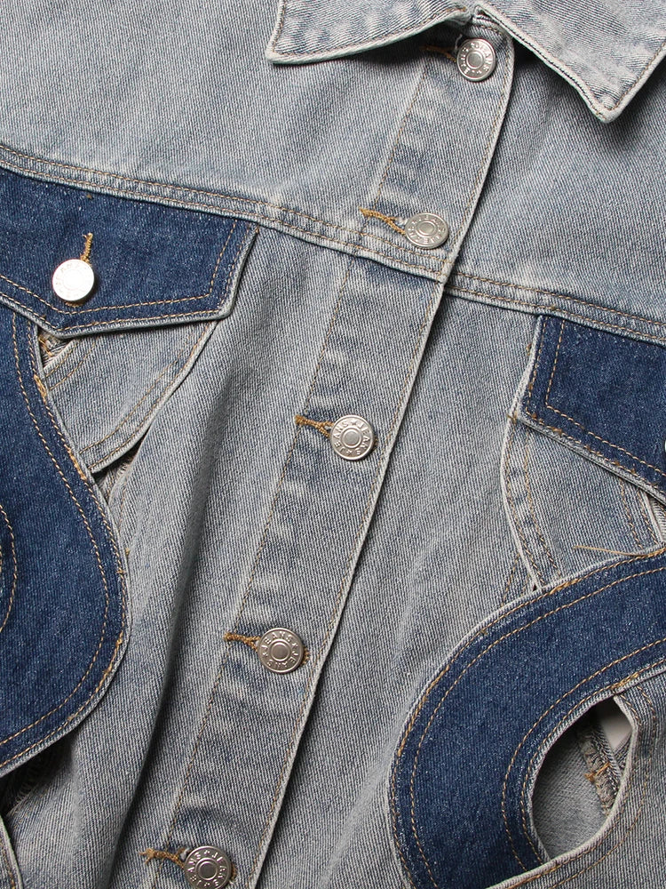 Colorblock Hollow Out Casual Denim Waistcoats For Women Lapel Sleeveless Spliced Single Breasted Streetwear Waistcoat Female