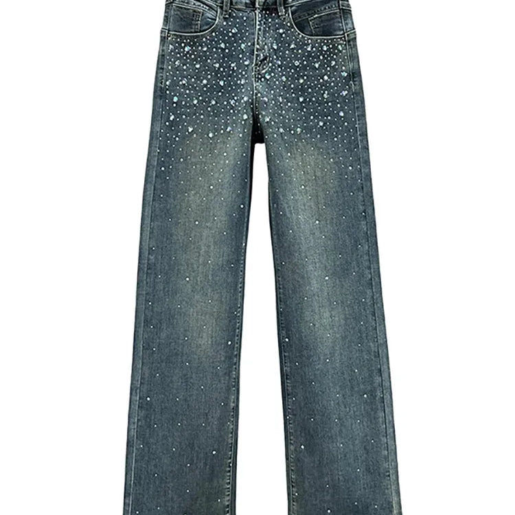 Kvinners jeans høye midje solid farge paljetter diamant løs rett bred ben denim bukser vinter mote