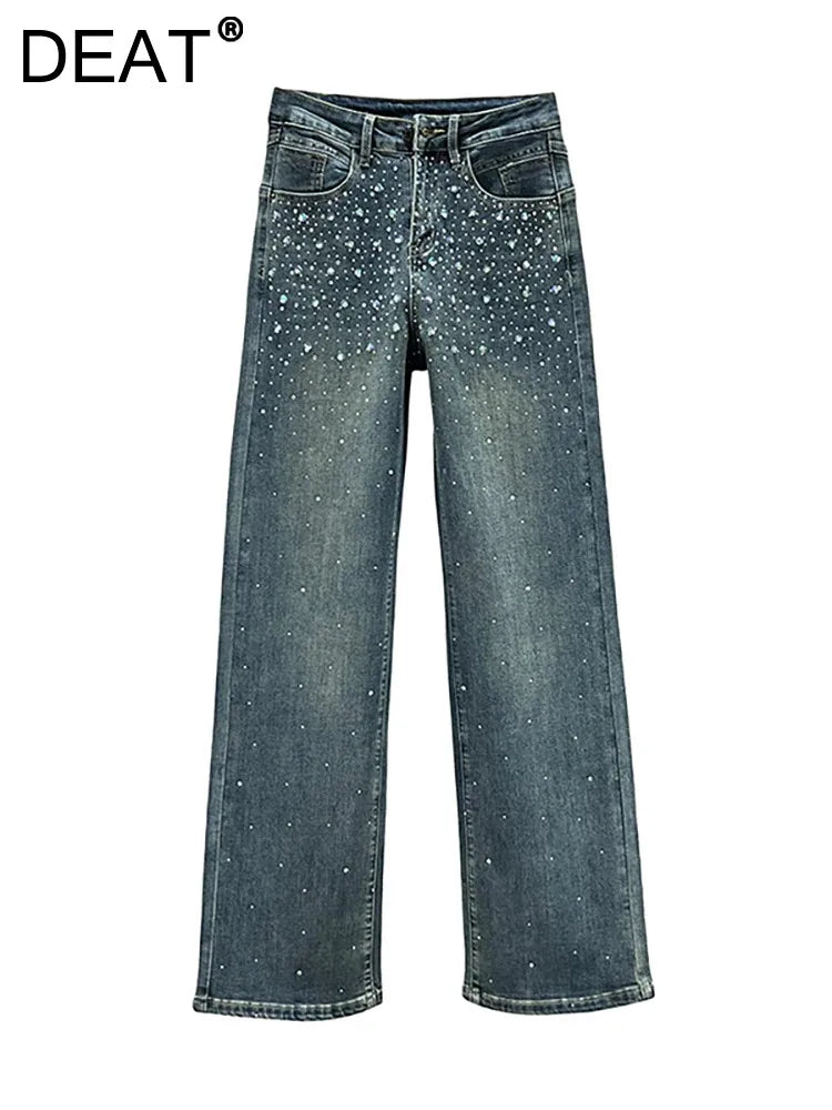 Women's Jeans High Waist Solid Color Sequins Diamond Loose Straight Wide Leg Denim Pants Winter Fashion