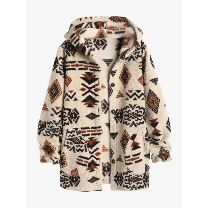 Stay Cozy This Winter with ZAFUL Women's Hooded Aztec Print Geometric Jacket Light Coffee
