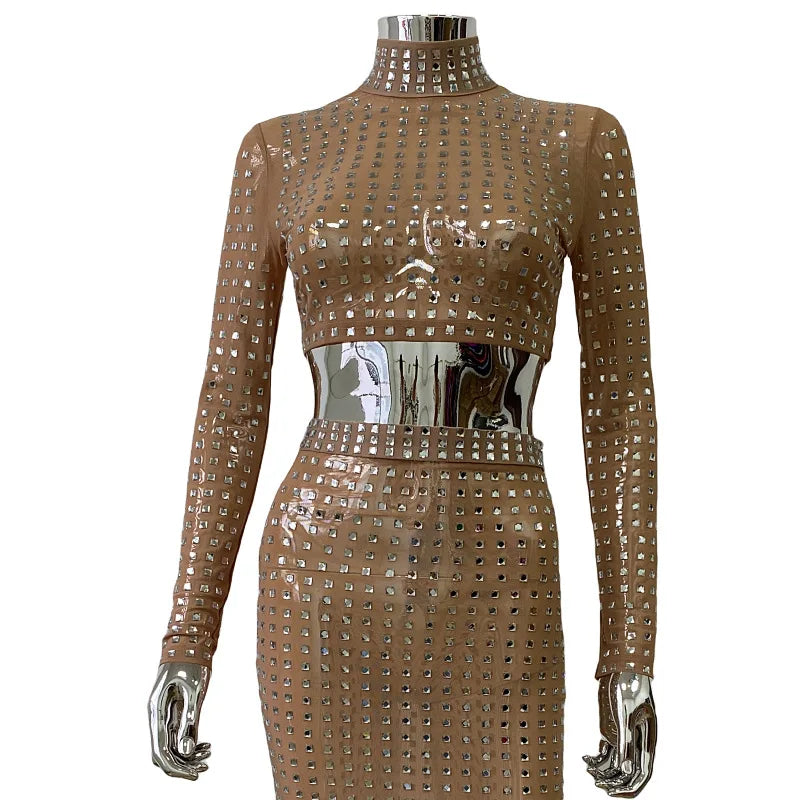STOCK Sparkling square Diamonds Sexy Mesh See Through Top And Skirt Woman Fashion Set High Street Wear Evening Party Outfit
