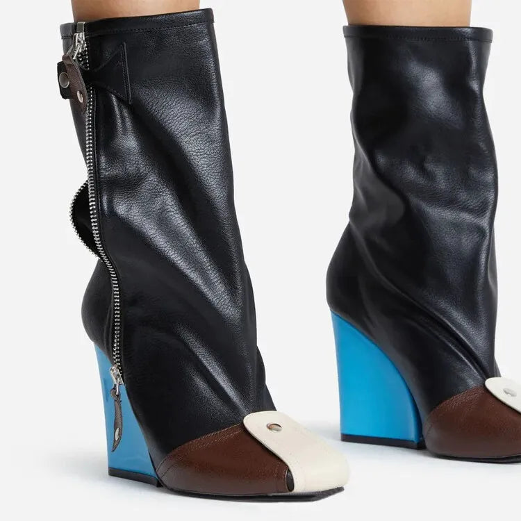 Brand Women's Boots Autumn and Winter Fashion Color Contrast Rivet Side Zipper High Heel Fashion Stage Show Party Boots 8663-1-Blue black