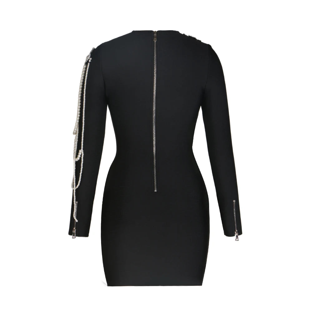 Spring Women Long Sleeve O-Neck Pearl Beading Bodycon Mini Dress Bandge Fashion Elegant Evening Party Dress Vestido