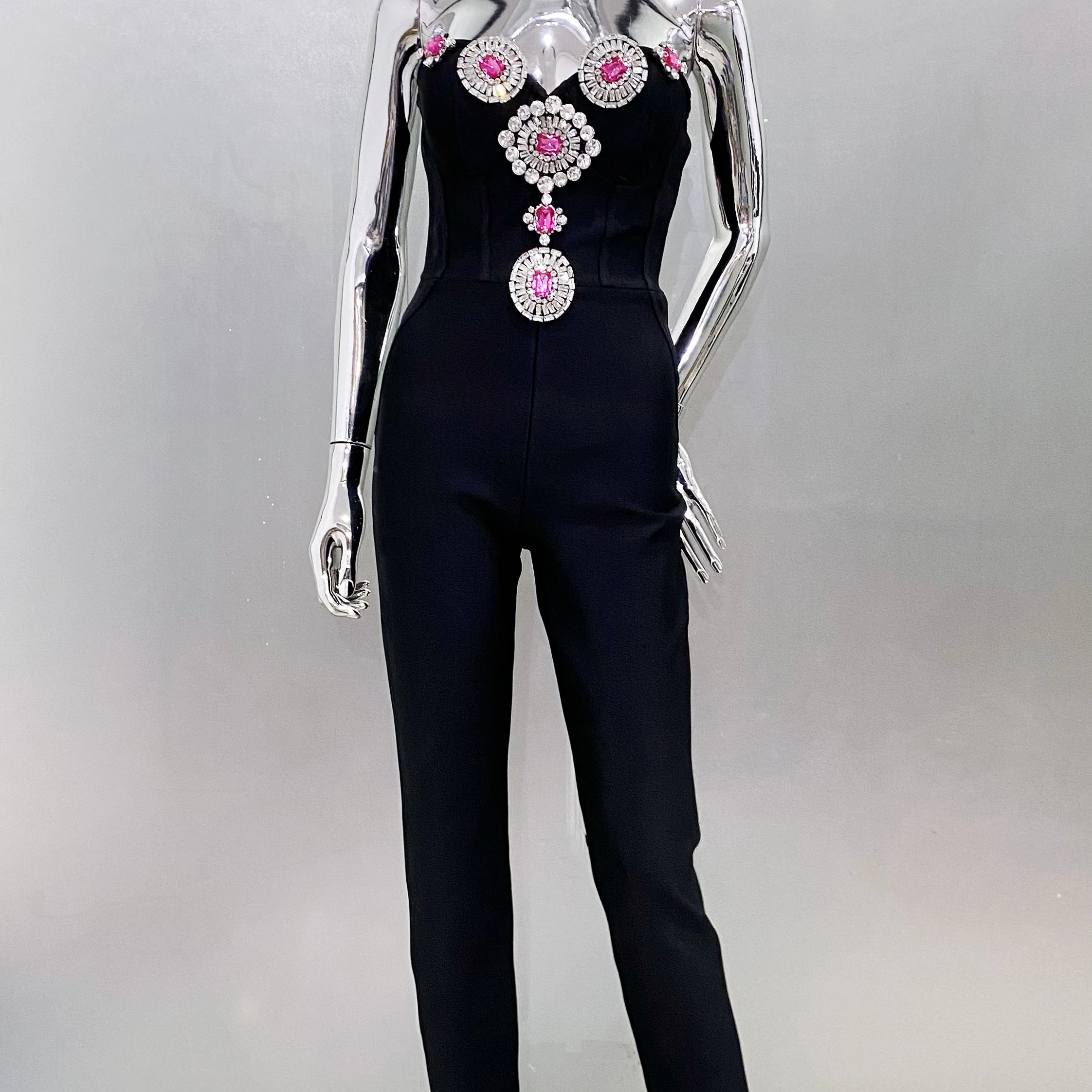 Fashion Celebrate Sparkly Crystals Women Sexy Strapless Bodycon Bandage Jumpsuit Runway Nightclub Party Wear Wholesale