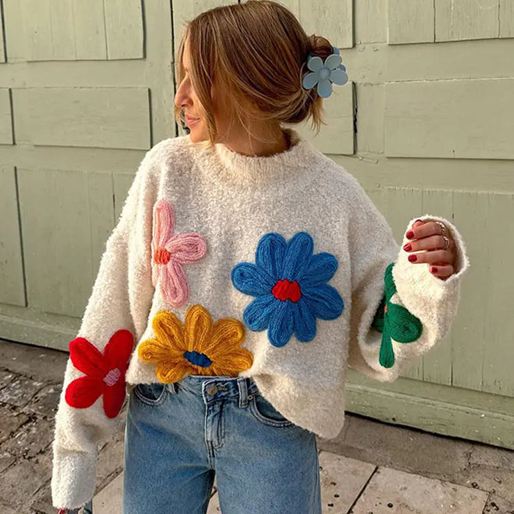 Vintage Flower Embroidery Sweater Women Loose Long Sleeve O-neck Knitted Pullover Autumn Female Thick Casual Streetwear as picture 1