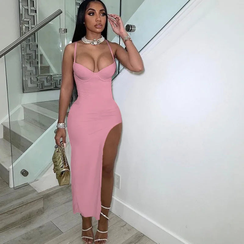 Sexy Side Cut Out Night Party Dresses Women Spaghetti Strap V-neck Backless Slim Bodycon Maxi Dress Elegant Birthday Prom Dress Pink