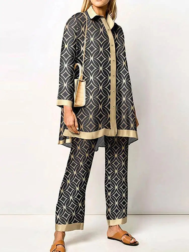 Fashion Retro Printed 2pcs Pant Sets ZANZEA Holiday Long Sleeve Lapel Shirts Outfits Elegant Women Long Trouser 2023 Tracksuit A-Khaki