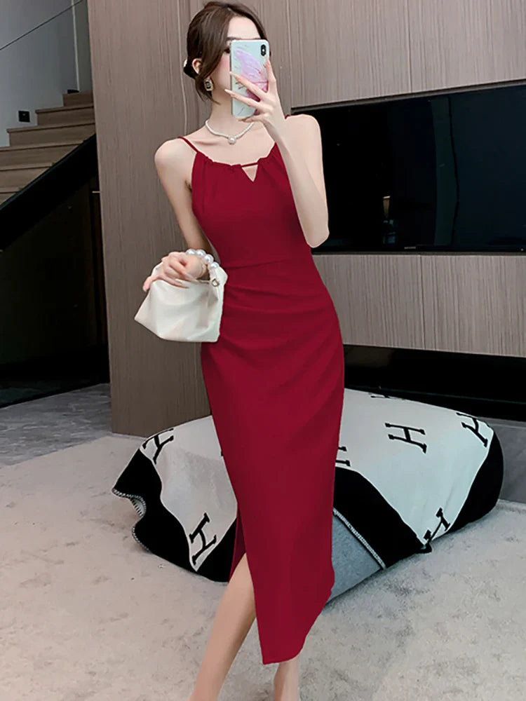 White Hollow Out Sexy Sling Long Dress for Women Korean Luxury Elegant Party Evening Dress Summer Fashion Bodycon Prom Robe
