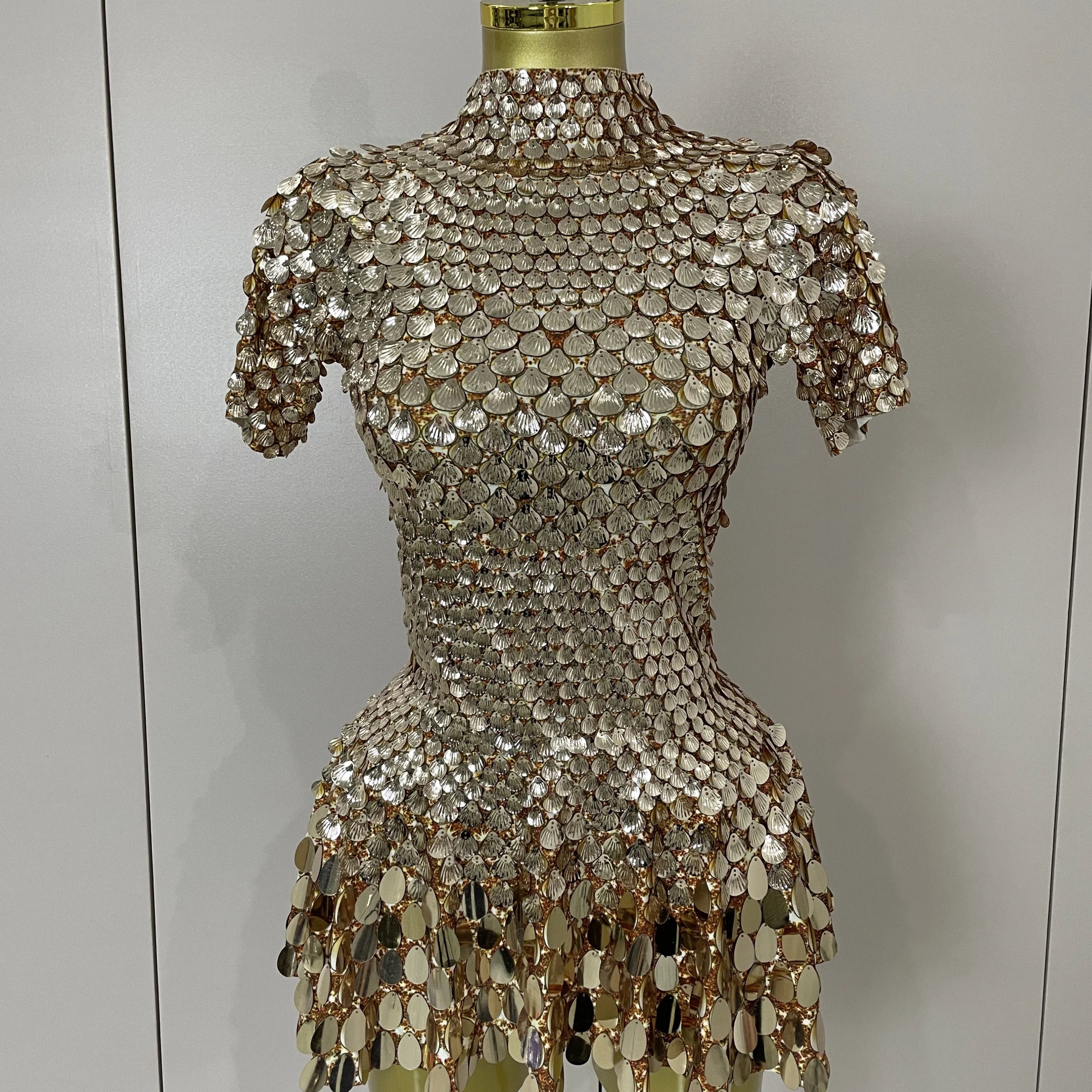 Luxury High Quality Shiny Shell Sequins Bodysuit Dress Women Sexy Nightclub Dance Performance Clothing Birthday party Dresses