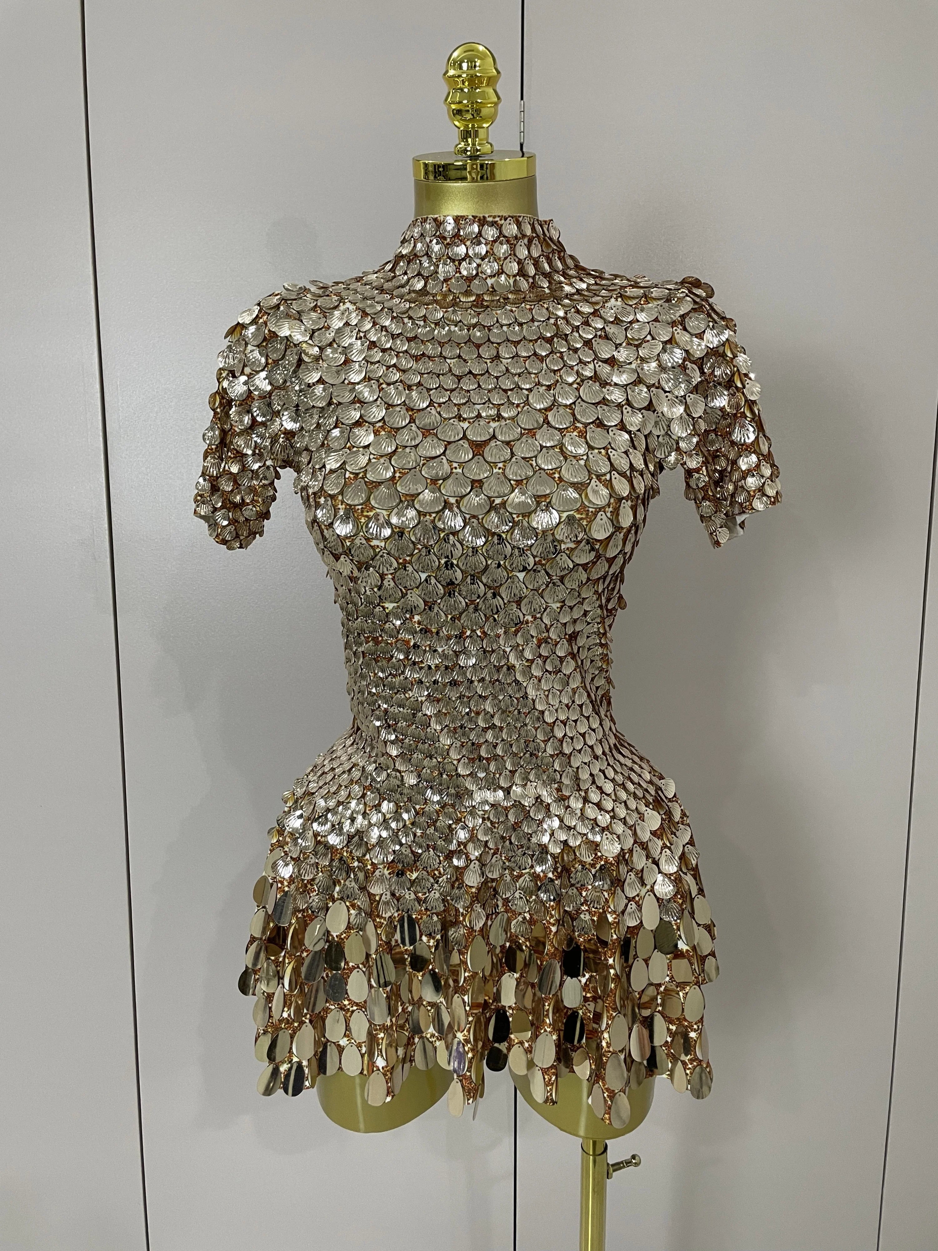 Luxury High Quality Shiny Shell Sequins Bodysuit Dress Women Sexy Nightclub Dance Performance Clothing Birthday party Dresses