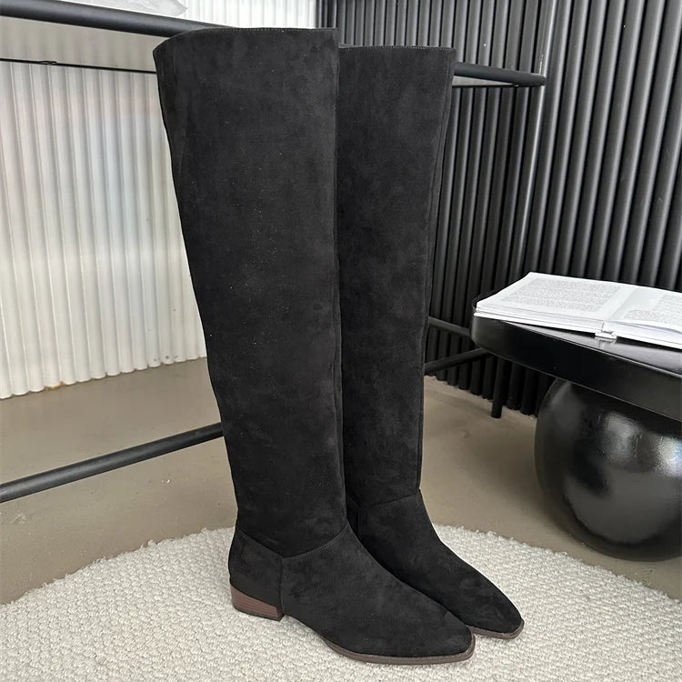 Low Heel Pleated Boots Autumn Winter New Square Head Knee Length Long Boots Suede Women's Shoes Black Beige Green Gray black