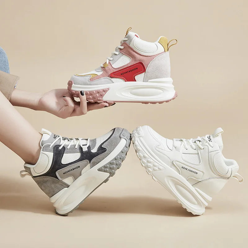 Fujin 8.5cm Cow Genuine Leather Thick Soled Spring Platform Wedge Chunky Sneakers Women Autumn Fashion Hidden Heels Ladies Shoes