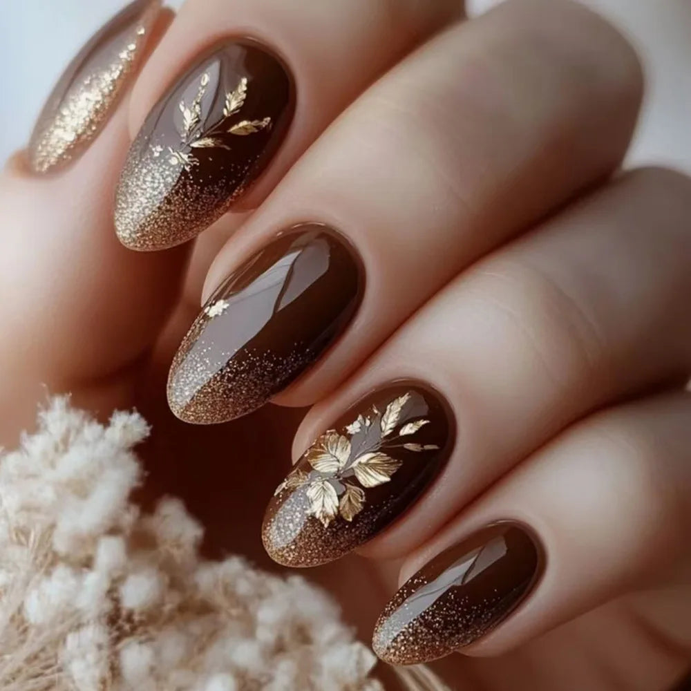 24Pcs Glossy Brown Fake Nails Autumn Almond Press On Nails with Gold Color Leaf Designs Full Cover Stick-on False Nails Patches
